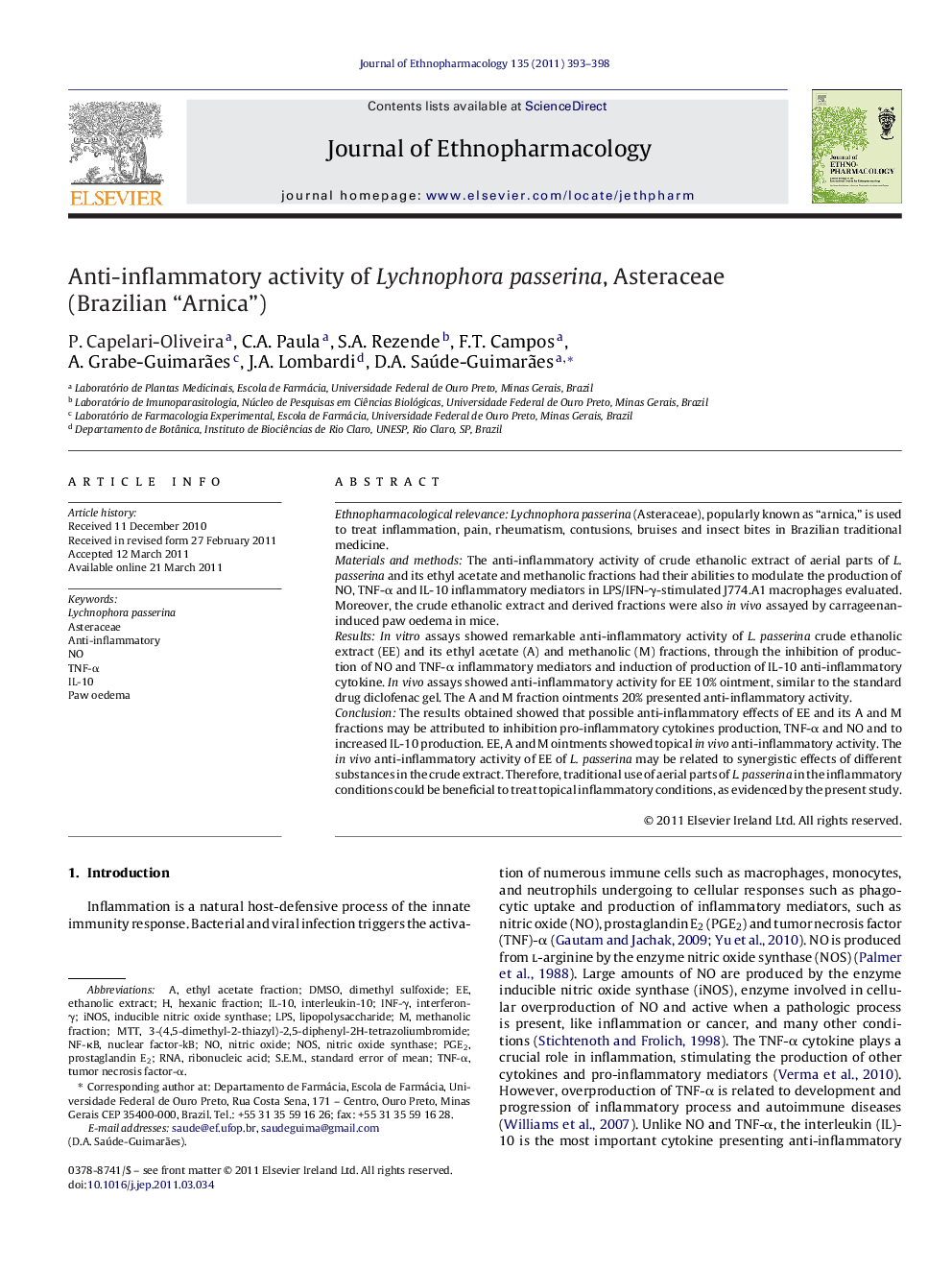Anti-inflammatory activity of Lychnophora passerina, Asteraceae (Brazilian “Arnica”)