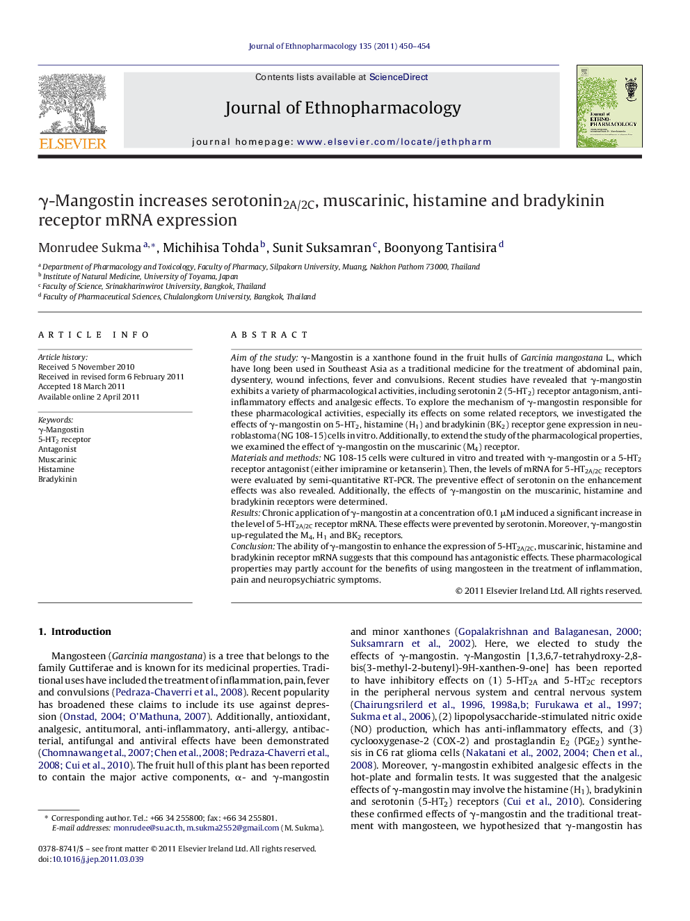 Î³-Mangostin increases serotonin2A/2C, muscarinic, histamine and bradykinin receptor mRNA expression