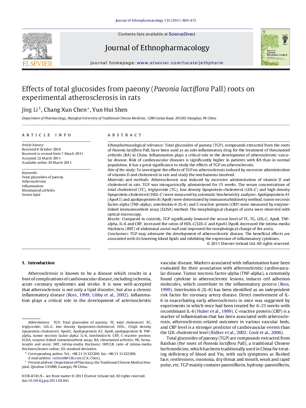 Effects of total glucosides from paeony (Paeonia lactiflora Pall) roots on experimental atherosclerosis in rats