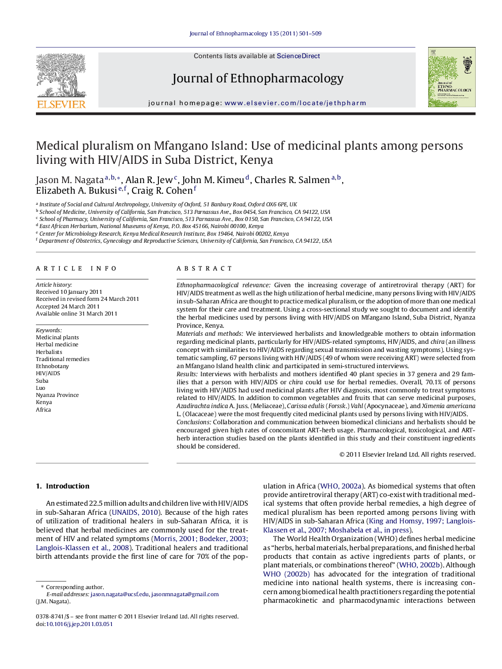 Medical pluralism on Mfangano Island: Use of medicinal plants among persons living with HIV/AIDS in Suba District, Kenya