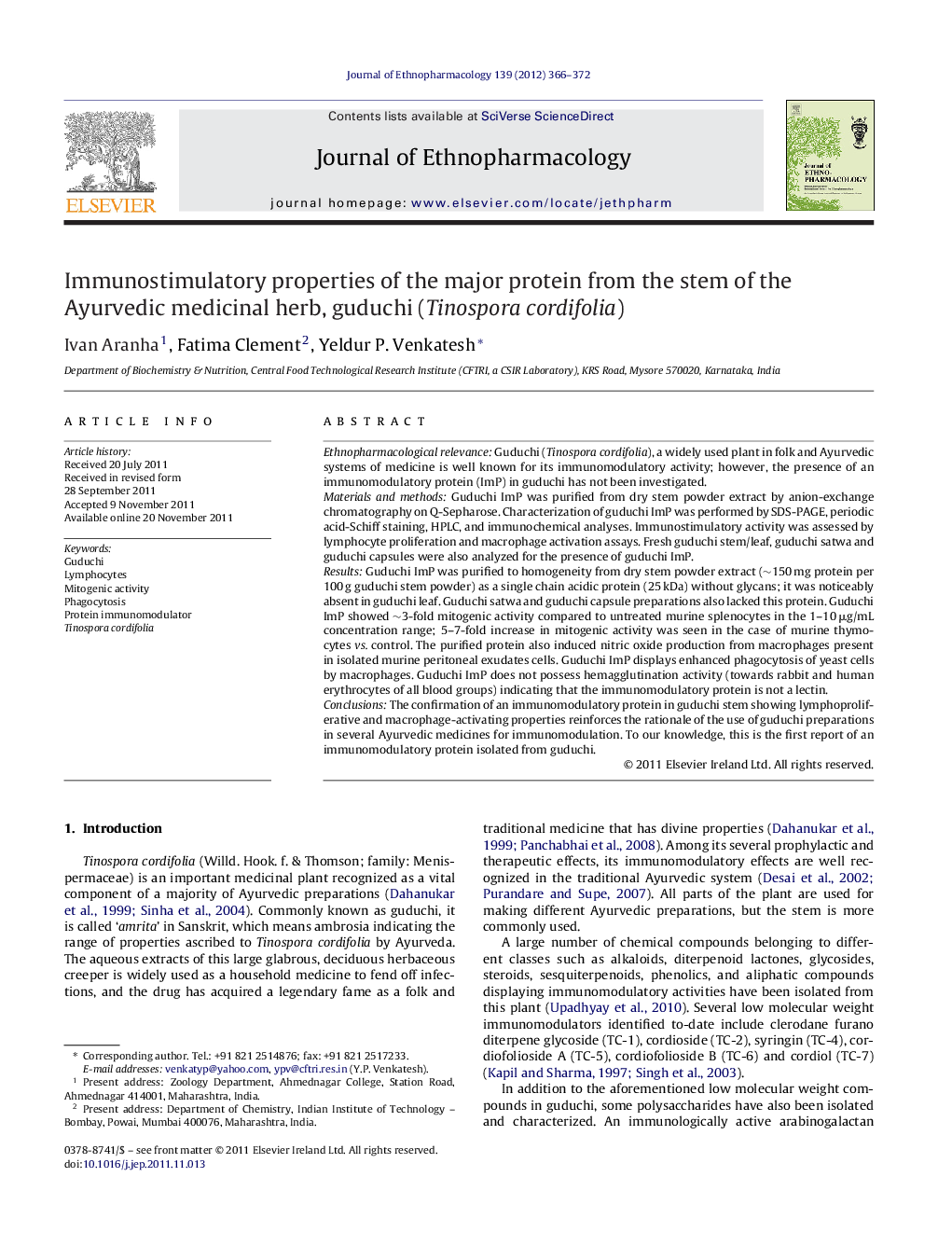 Immunostimulatory properties of the major protein from the stem of the Ayurvedic medicinal herb, guduchi (Tinospora cordifolia)