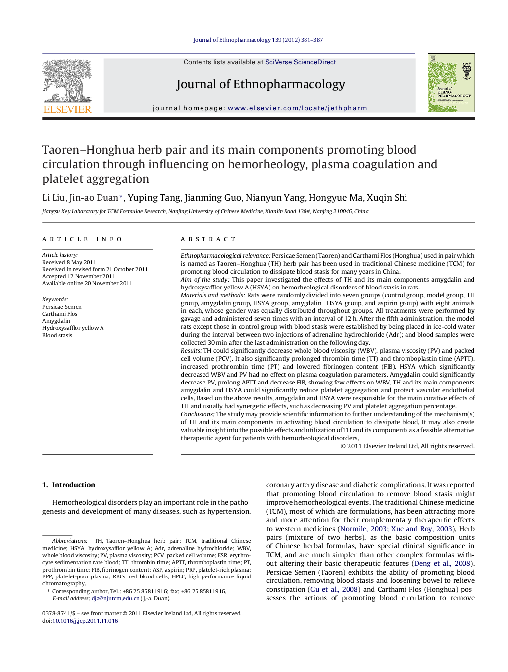 Taoren-Honghua herb pair and its main components promoting blood circulation through influencing on hemorheology, plasma coagulation and platelet aggregation