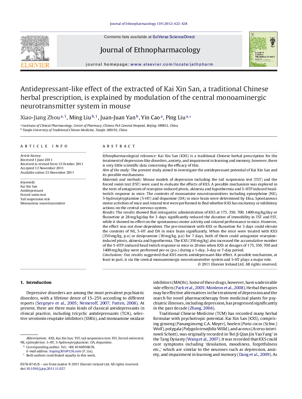 Antidepressant-like effect of the extracted of Kai Xin San, a traditional Chinese herbal prescription, is explained by modulation of the central monoaminergic neurotransmitter system in mouse