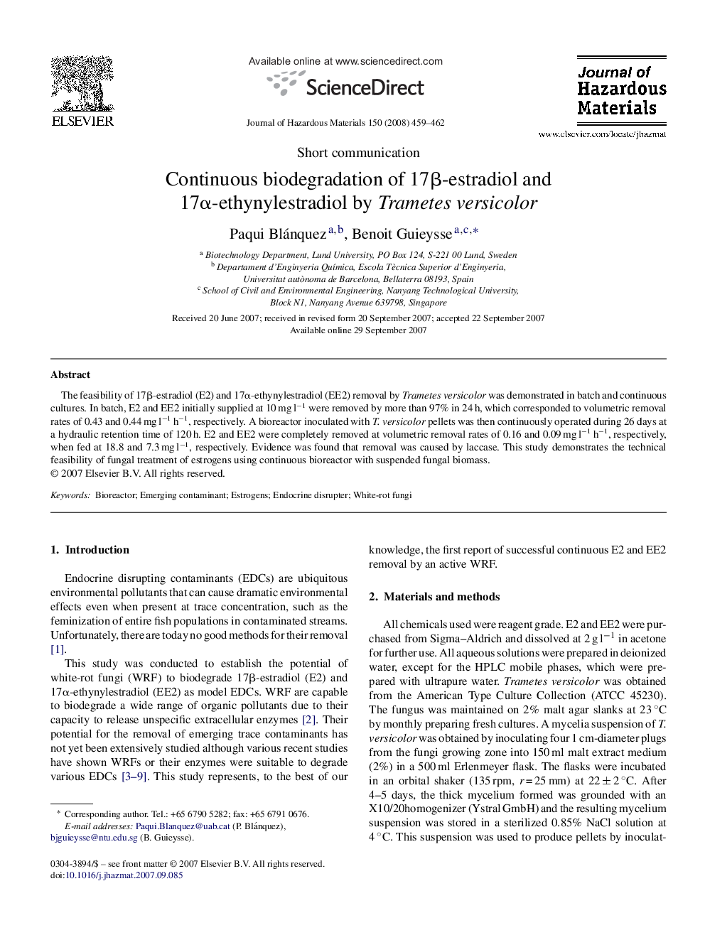 Continuous biodegradation of 17Î²-estradiol and 17Î±-ethynylestradiol by Trametes versicolor