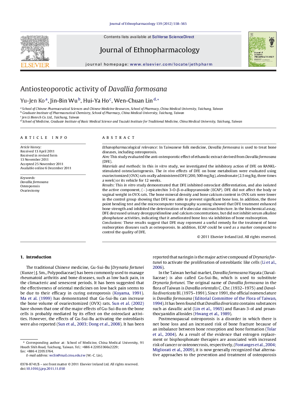 Antiosteoporotic activity of Davallia formosana