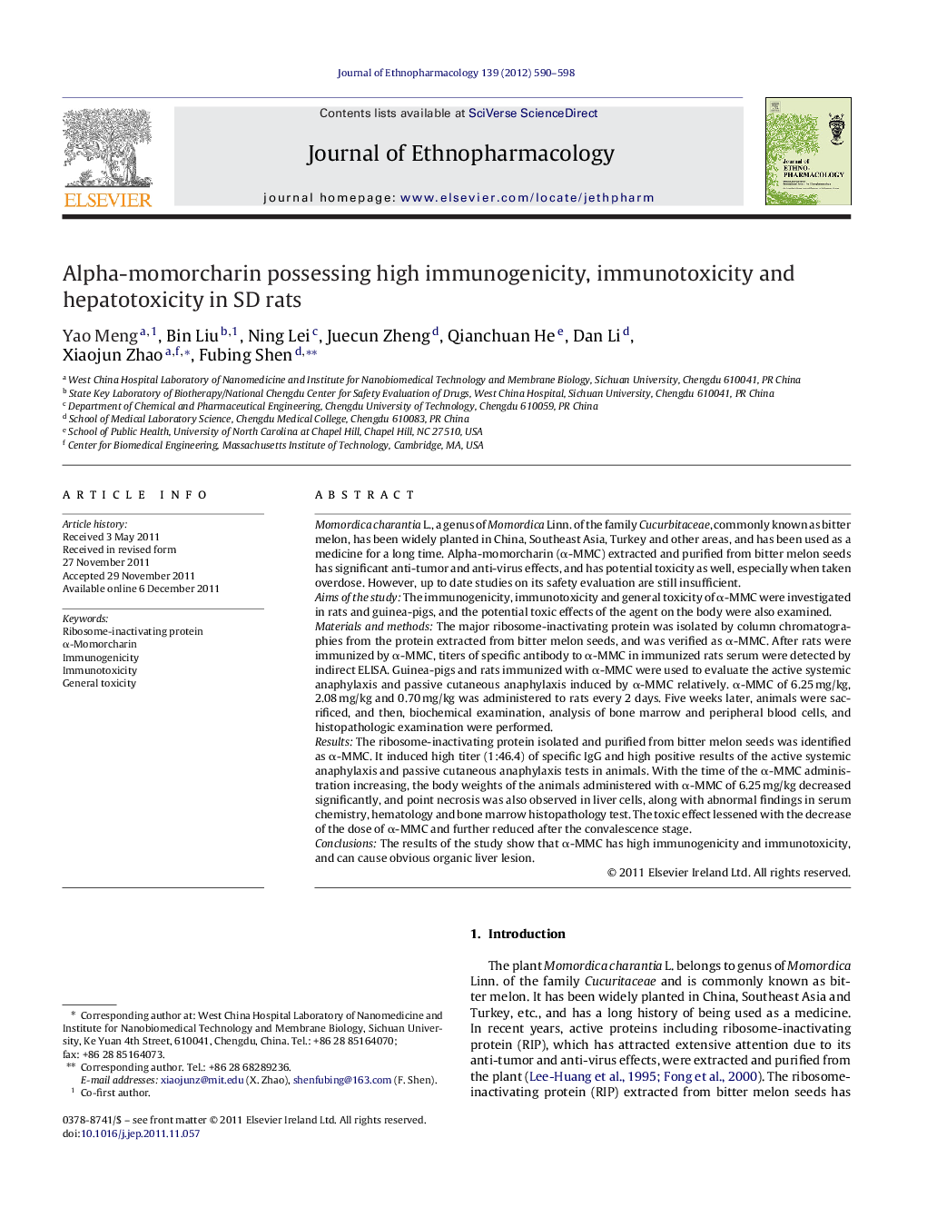 Alpha-momorcharin possessing high immunogenicity, immunotoxicity and hepatotoxicity in SD rats