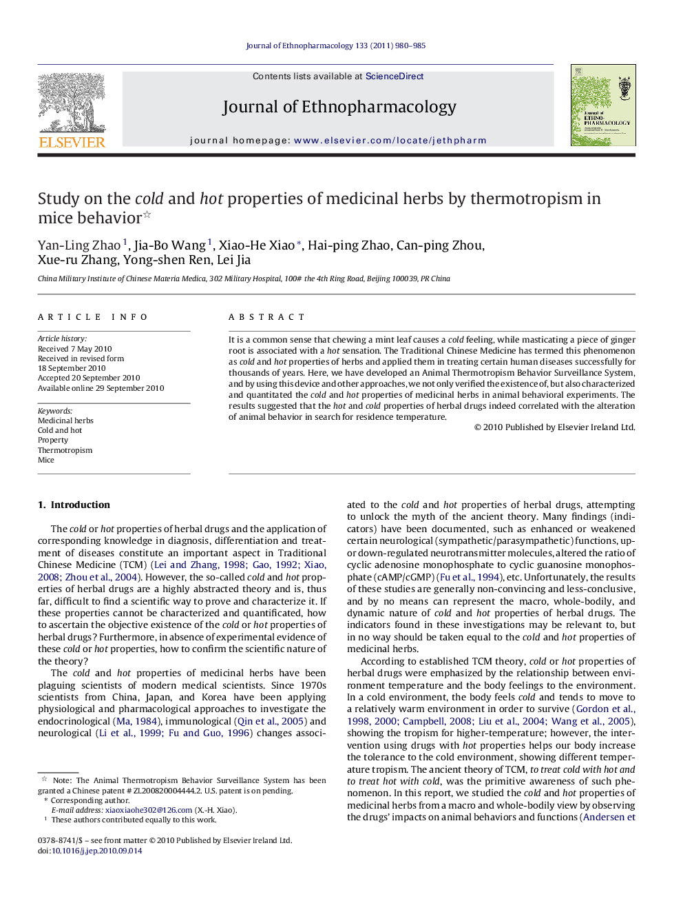 Study on the cold and hot properties of medicinal herbs by thermotropism in mice behavior