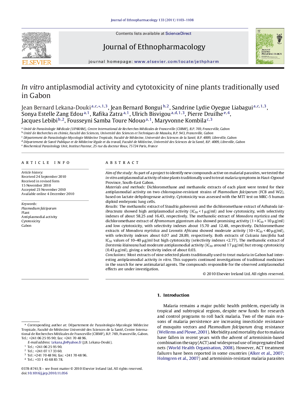 In vitro antiplasmodial activity and cytotoxicity of nine plants traditionally used in Gabon