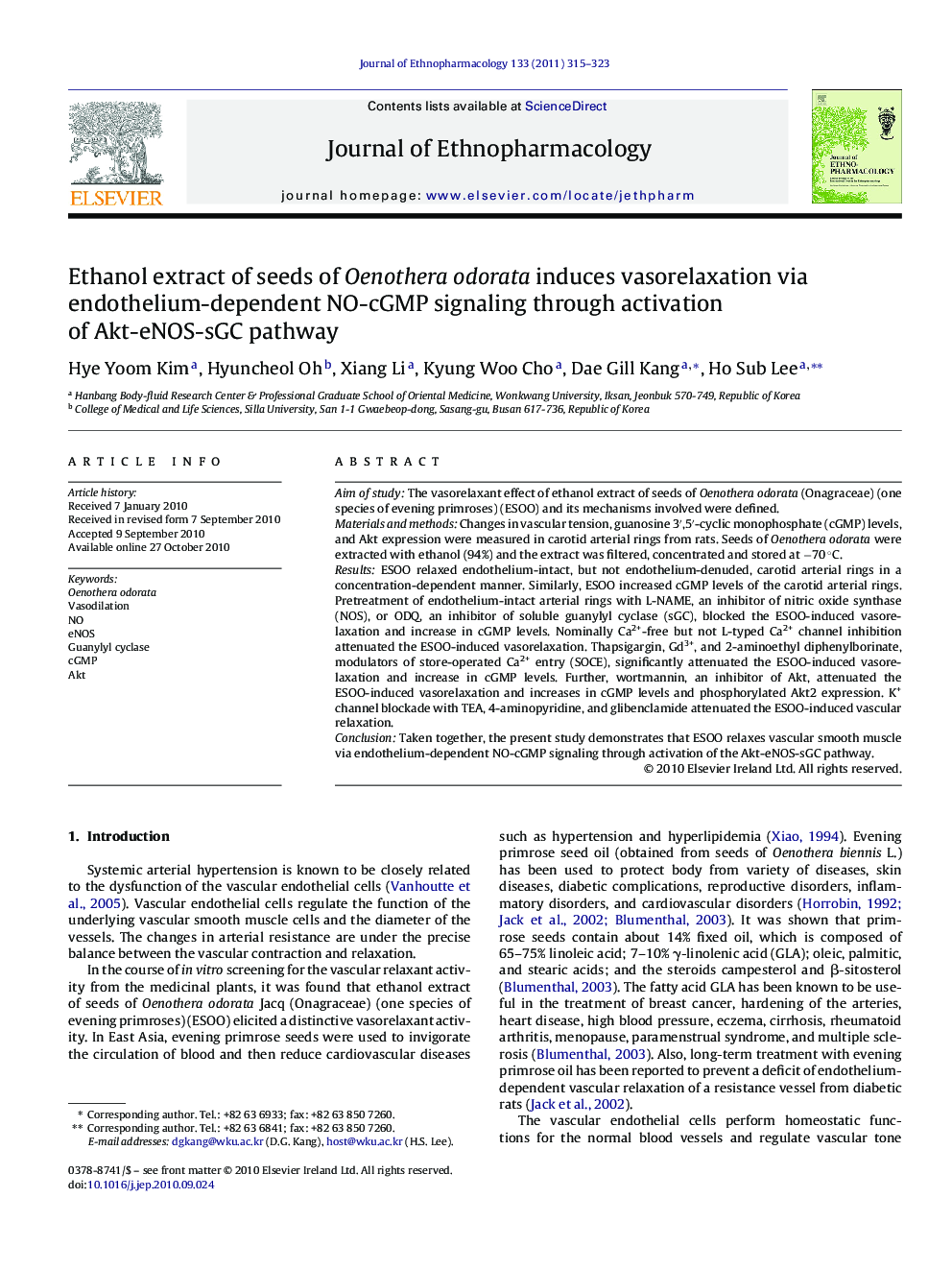 Ethanol extract of seeds of Oenothera odorata induces vasorelaxation via endothelium-dependent NO-cGMP signaling through activation of Akt-eNOS-sGC pathway