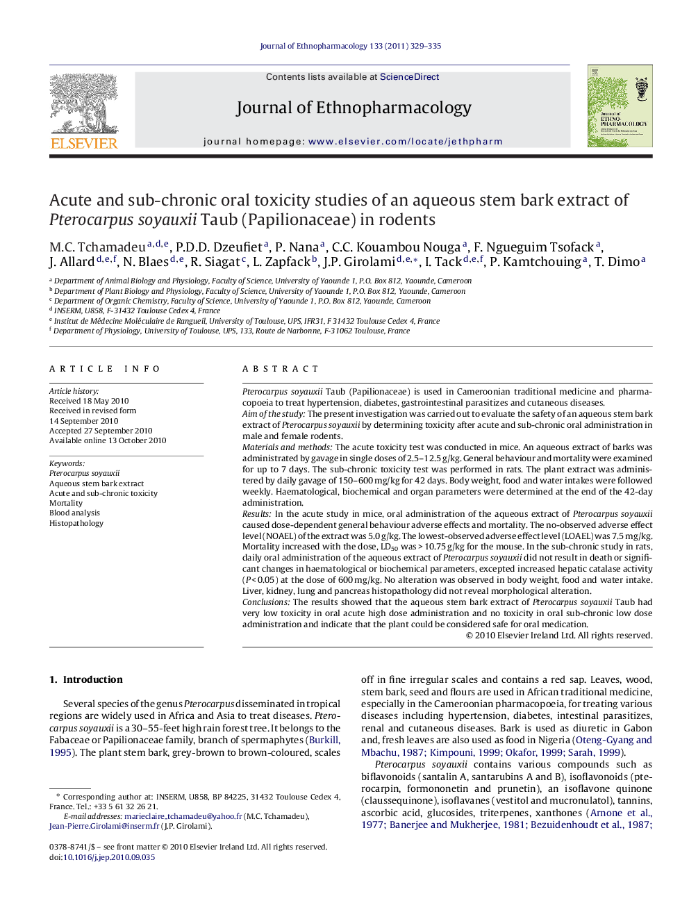 Acute and sub-chronic oral toxicity studies of an aqueous stem bark extract of Pterocarpus soyauxii Taub (Papilionaceae) in rodents