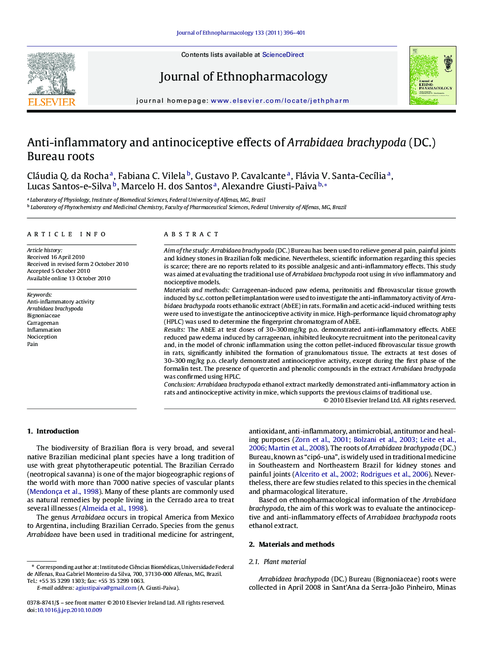 Anti-inflammatory and antinociceptive effects of Arrabidaea brachypoda (DC.) Bureau roots