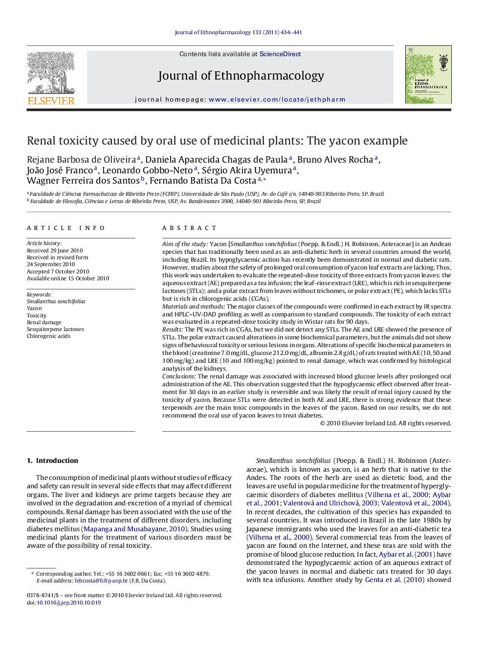 Renal toxicity caused by oral use of medicinal plants: The yacon example