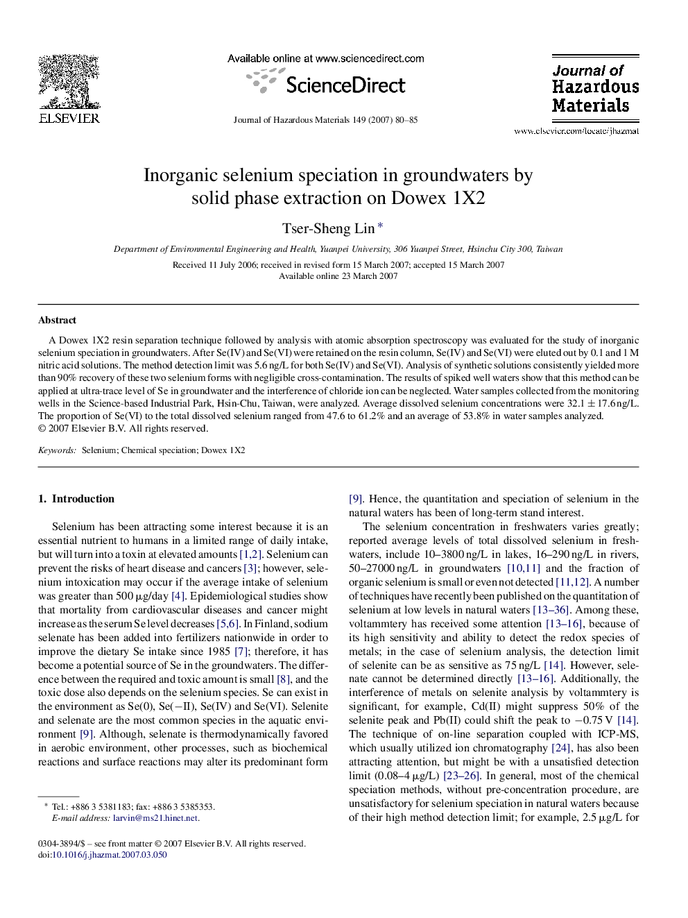 Inorganic selenium speciation in groundwaters by solid phase extraction on Dowex 1X2