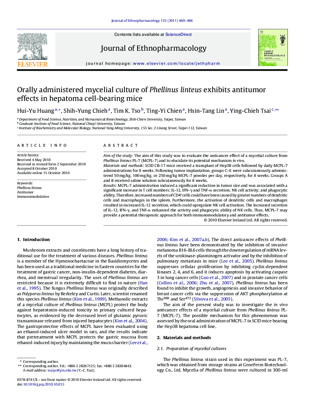 Orally administered mycelial culture of Phellinus linteus exhibits antitumor effects in hepatoma cell-bearing mice