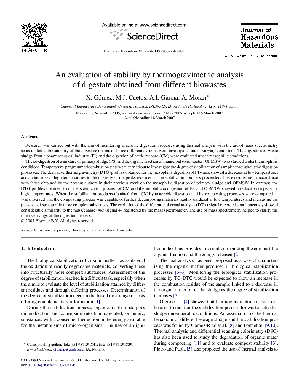 An evaluation of stability by thermogravimetric analysis of digestate obtained from different biowastes