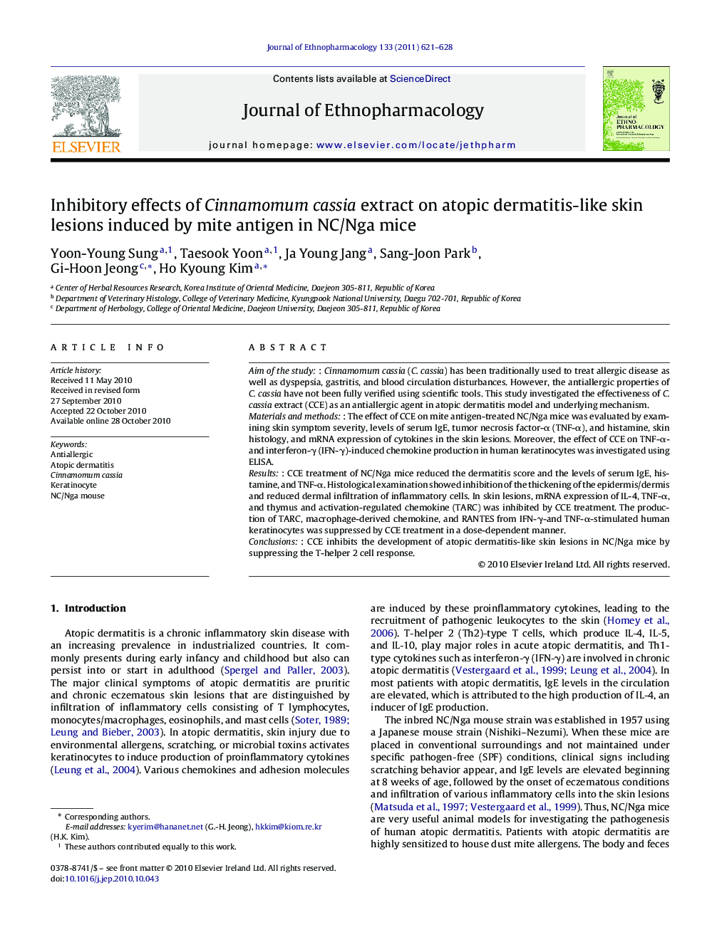 Inhibitory effects of Cinnamomum cassia extract on atopic dermatitis-like skin lesions induced by mite antigen in NC/Nga mice