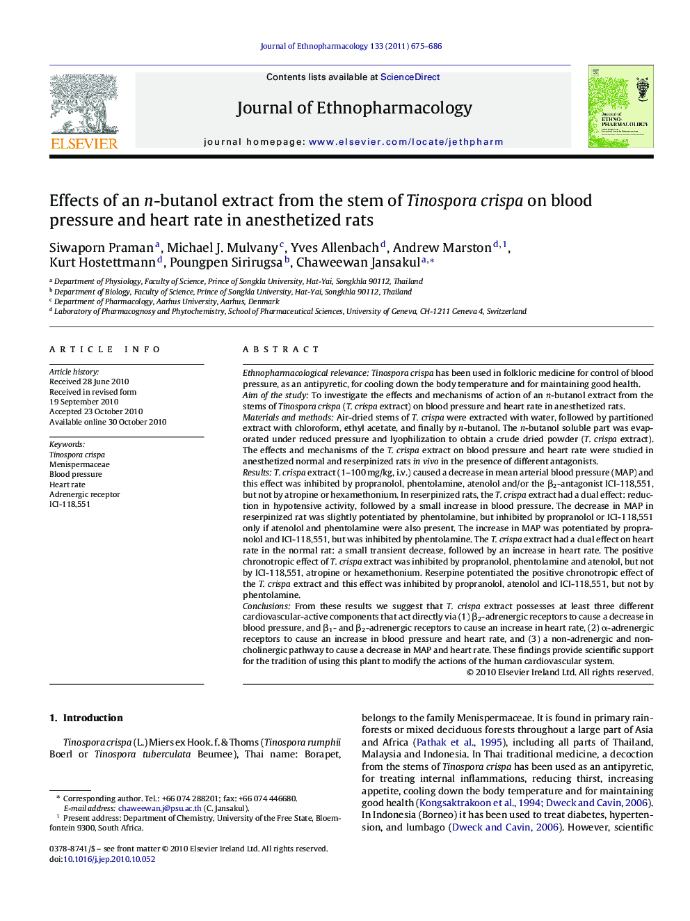 Effects of an n-butanol extract from the stem of Tinospora crispa on blood pressure and heart rate in anesthetized rats