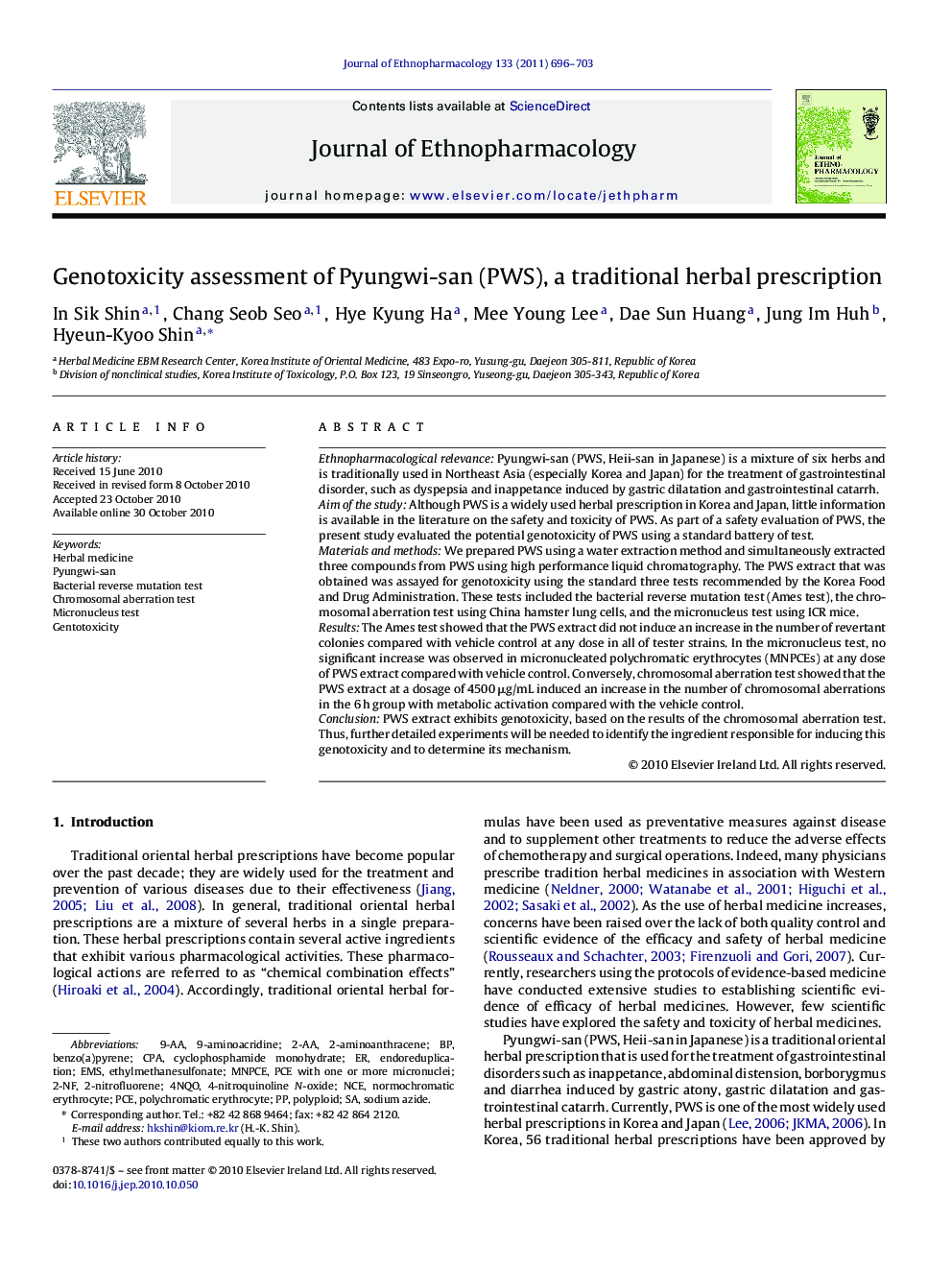 Genotoxicity assessment of Pyungwi-san (PWS), a traditional herbal prescription