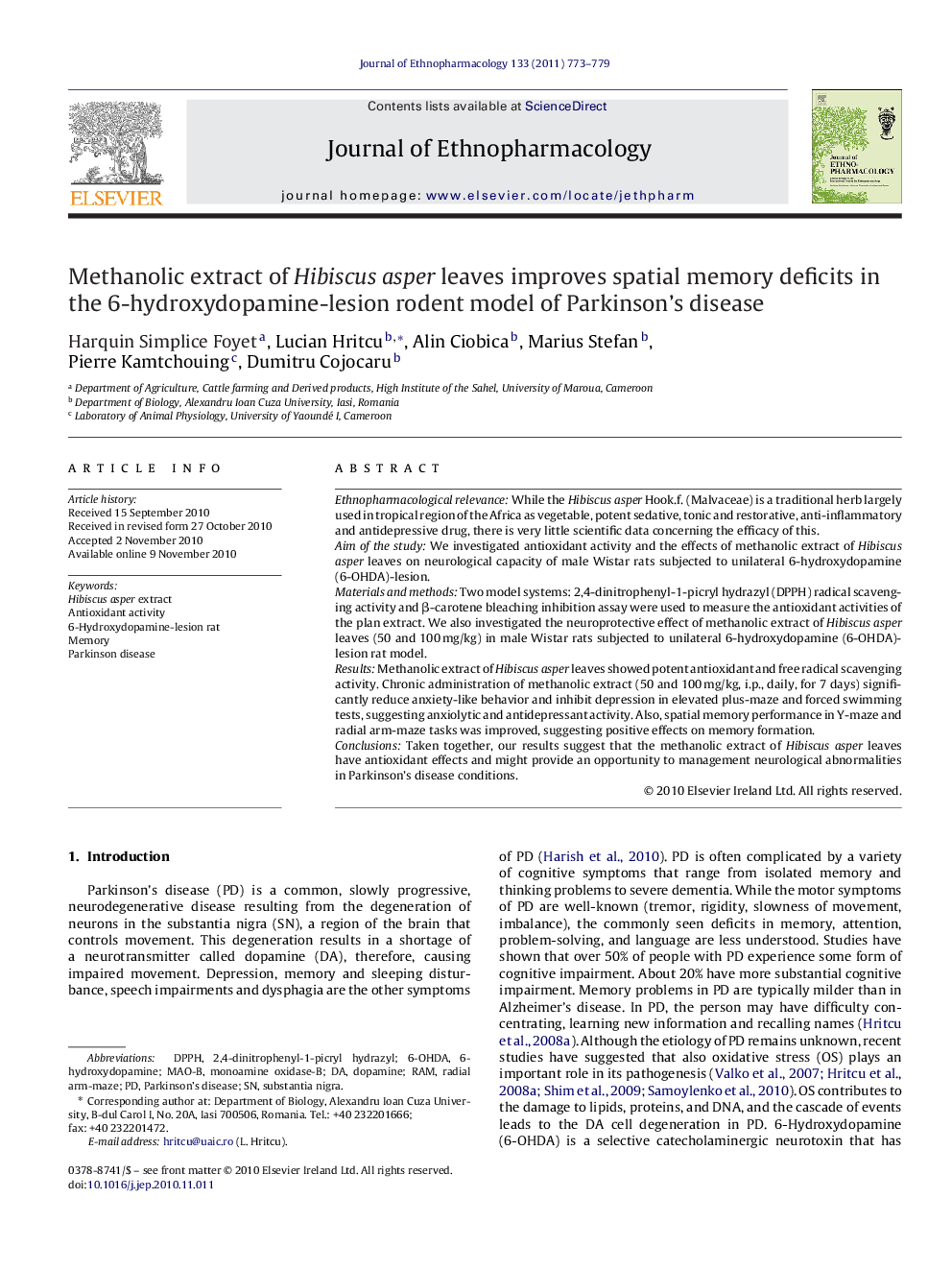 Methanolic extract of Hibiscus asper leaves improves spatial memory deficits in the 6-hydroxydopamine-lesion rodent model of Parkinson's disease