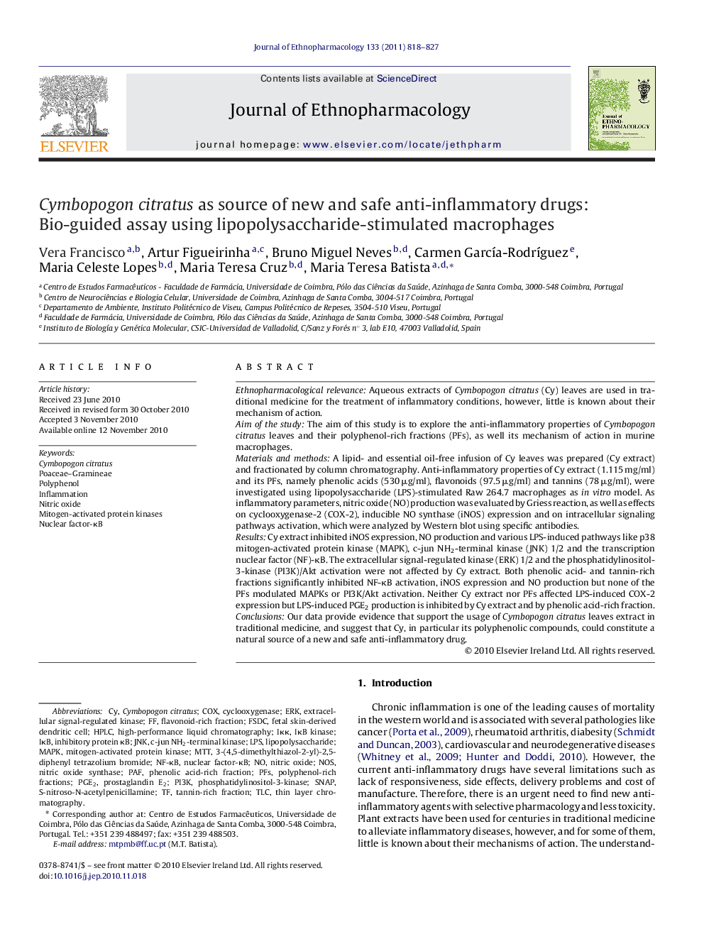 Cymbopogon citratus as source of new and safe anti-inflammatory drugs: Bio-guided assay using lipopolysaccharide-stimulated macrophages