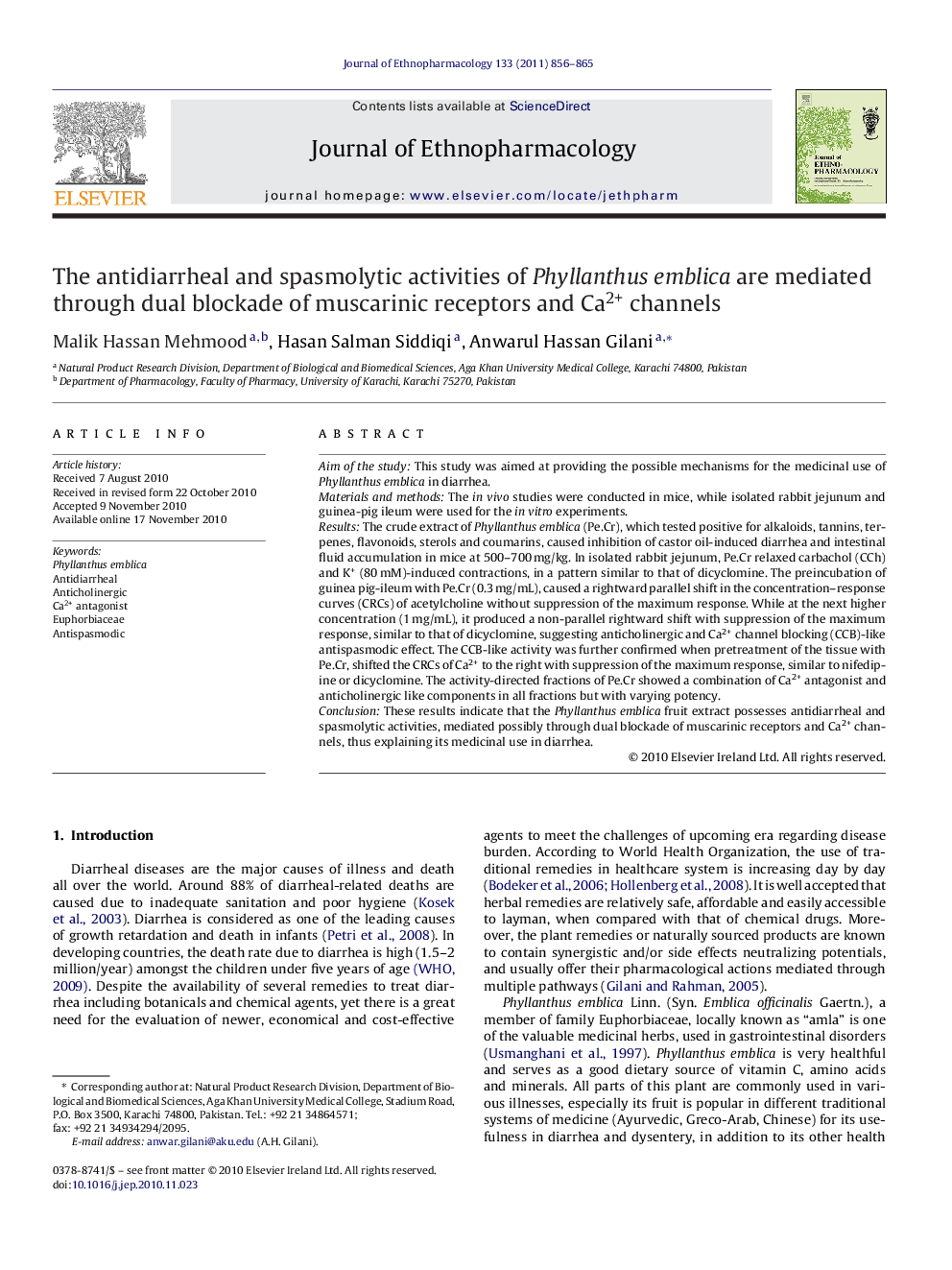 The antidiarrheal and spasmolytic activities of Phyllanthus emblica are mediated through dual blockade of muscarinic receptors and Ca2+ channels