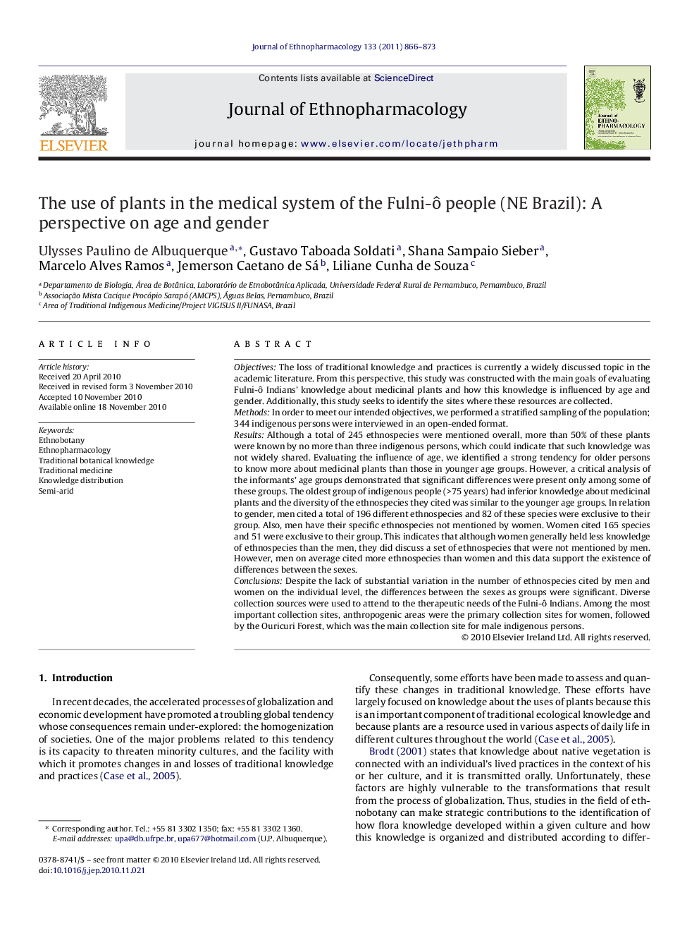 The use of plants in the medical system of the Fulni-Ã´ people (NE Brazil): A perspective on age and gender