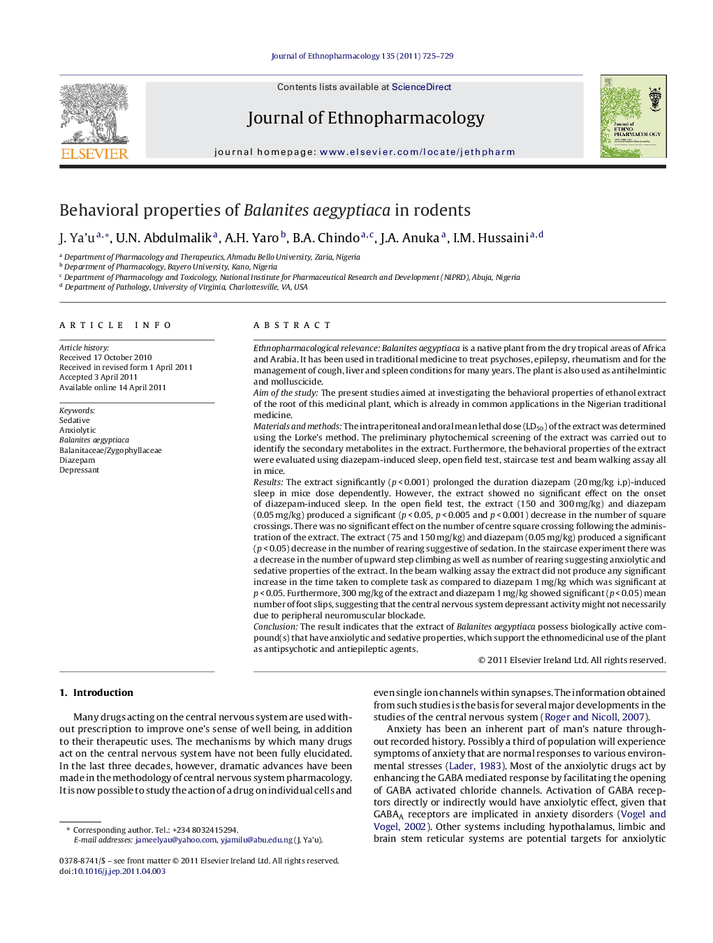 Behavioral properties of Balanites aegyptiaca in rodents