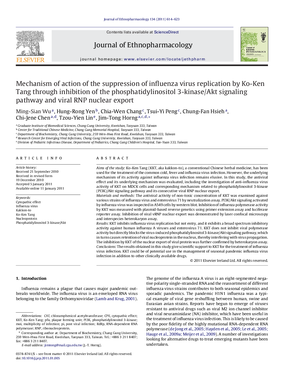 Mechanism of action of the suppression of influenza virus replication by Ko-Ken Tang through inhibition of the phosphatidylinositol 3-kinase/Akt signaling pathway and viral RNP nuclear export