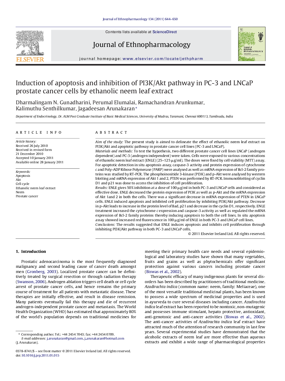 Induction of apoptosis and inhibition of PI3K/Akt pathway in PC-3 and LNCaP prostate cancer cells by ethanolic neem leaf extract