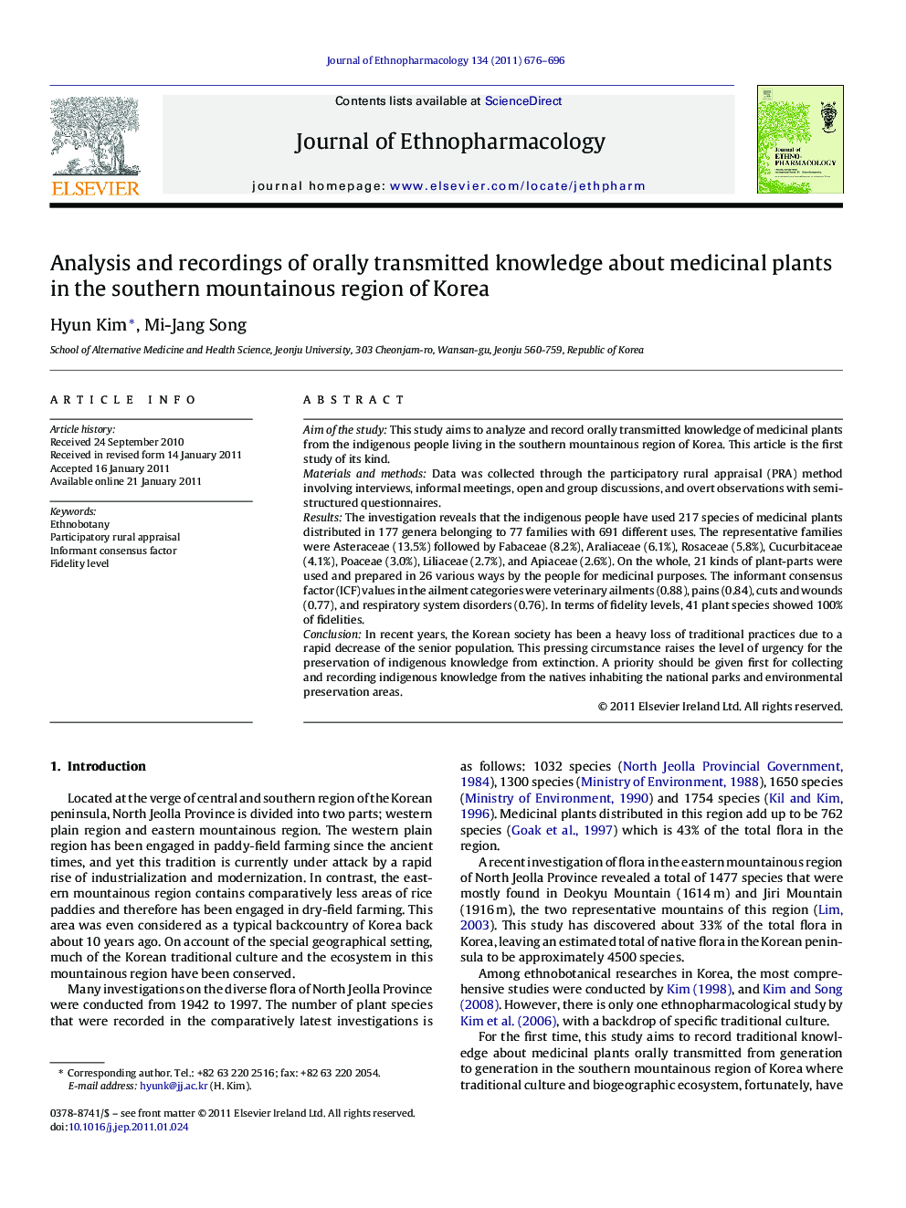 Analysis and recordings of orally transmitted knowledge about medicinal plants in the southern mountainous region of Korea