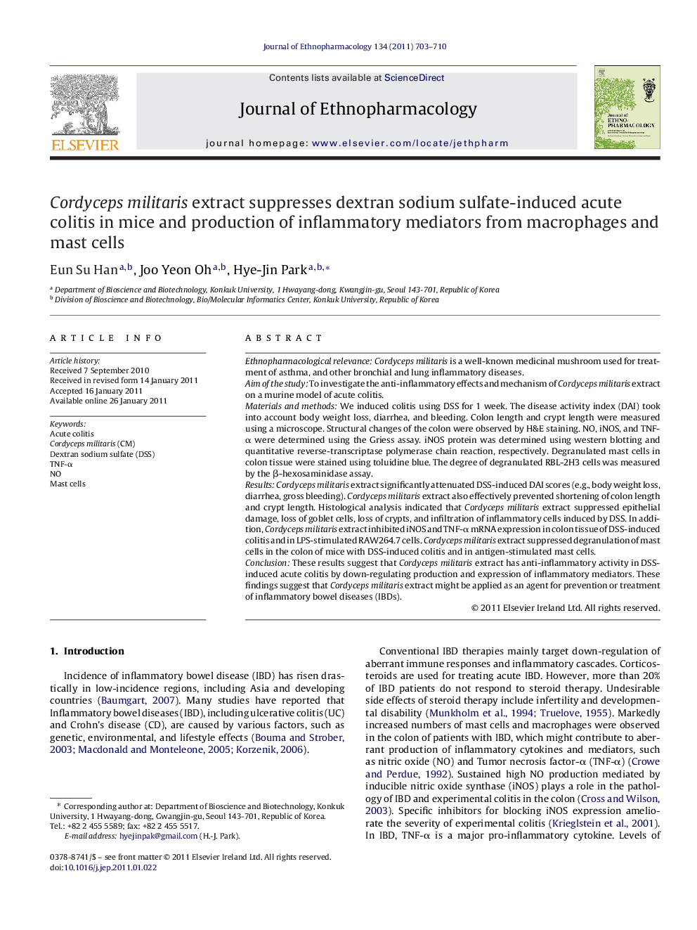 Cordyceps militaris extract suppresses dextran sodium sulfate-induced acute colitis in mice and production of inflammatory mediators from macrophages and mast cells