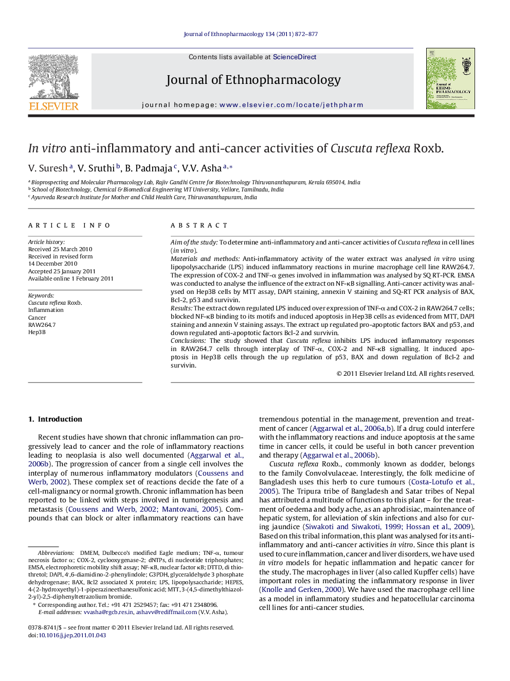 In vitro anti-inflammatory and anti-cancer activities of Cuscuta reflexa Roxb.