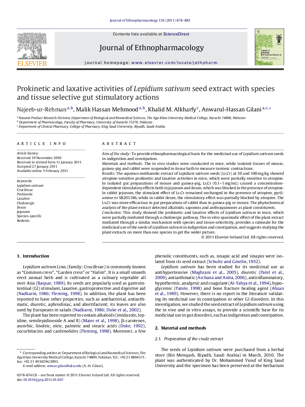 Prokinetic and laxative activities of Lepidium sativum seed extract with species and tissue selective gut stimulatory actions