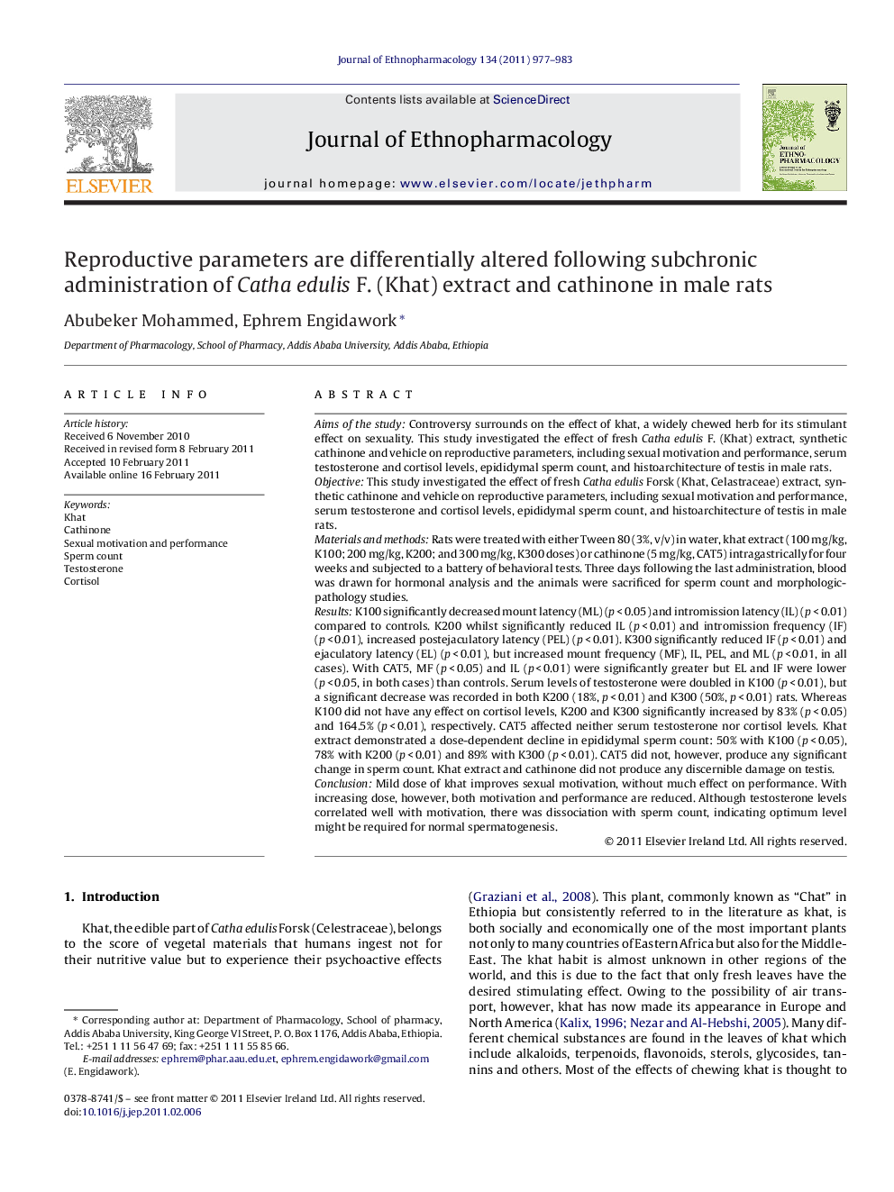 Reproductive parameters are differentially altered following subchronic administration of Catha edulis F. (Khat) extract and cathinone in male rats