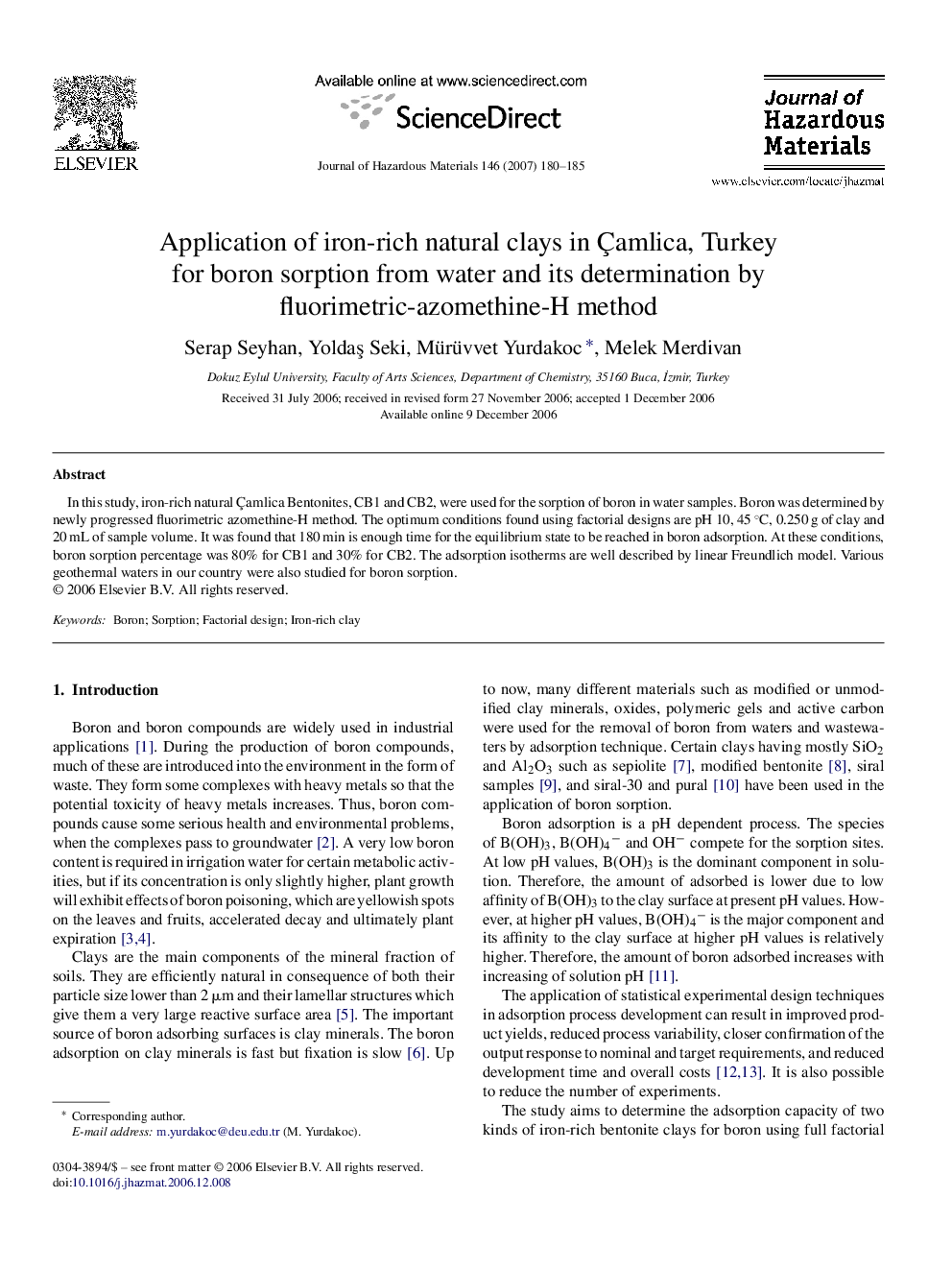 Application of iron-rich natural clays in Ãamlica, Turkey for boron sorption from water and its determination by fluorimetric-azomethine-H method