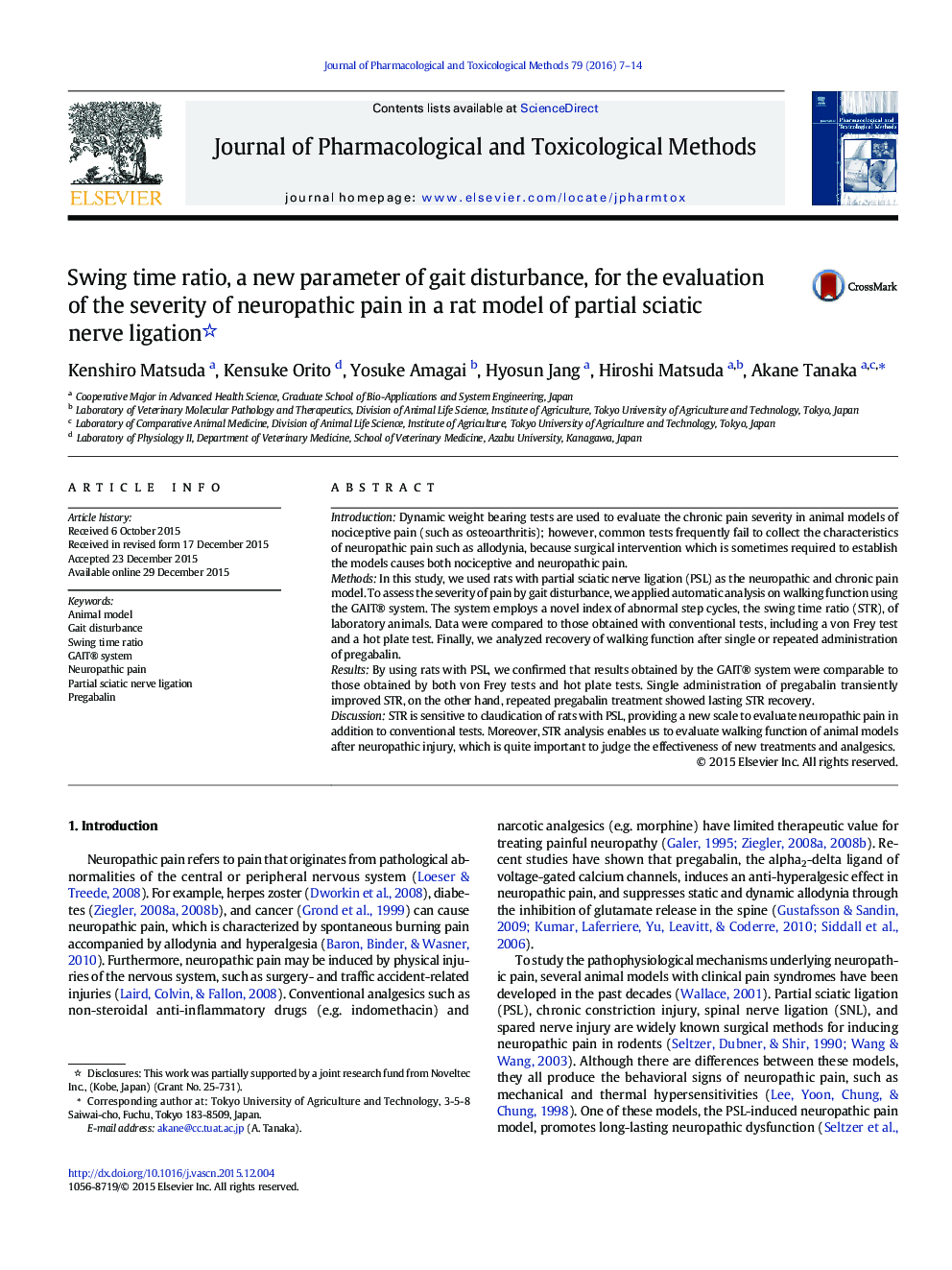 Swing time ratio, a new parameter of gait disturbance, for the evaluation of the severity of neuropathic pain in a rat model of partial sciatic nerve ligation