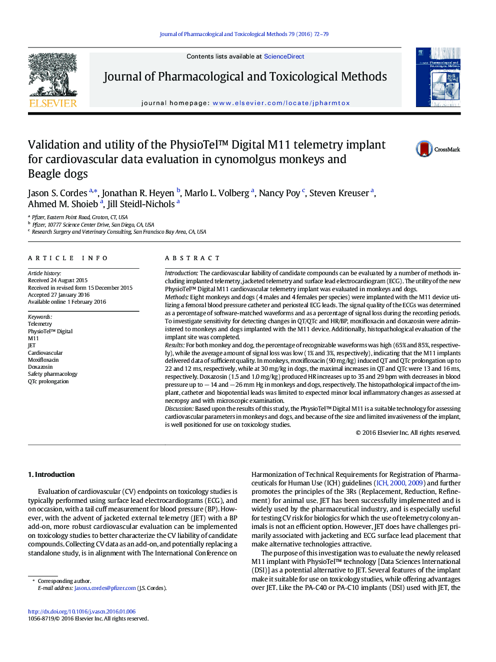 Validation and utility of the PhysioTelâ¢ Digital M11 telemetry implant for cardiovascular data evaluation in cynomolgus monkeys and Beagle dogs