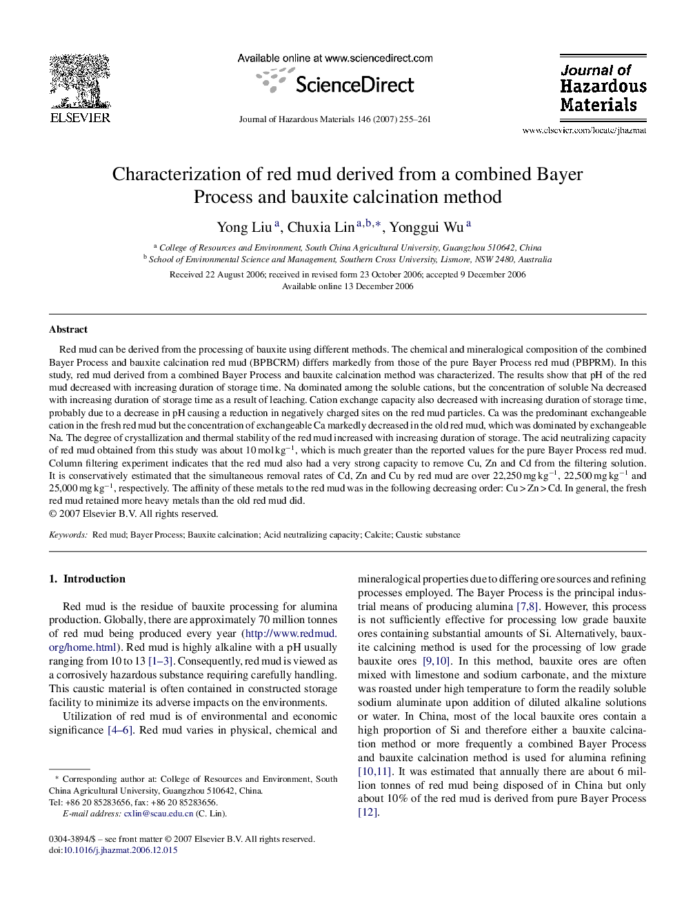 Characterization of red mud derived from a combined Bayer Process and bauxite calcination method