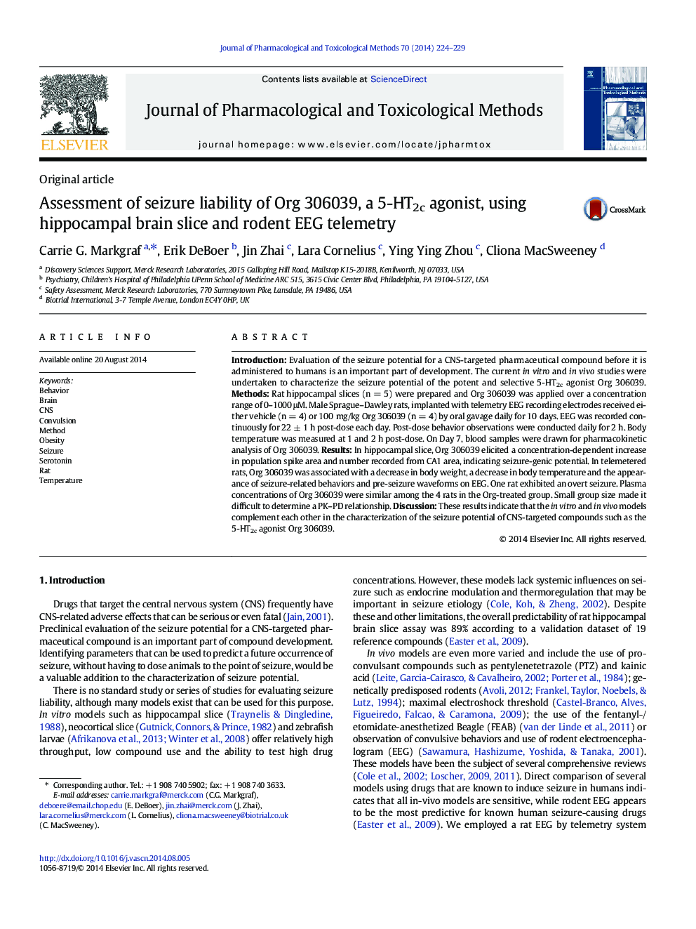 Assessment of seizure liability of Org 306039, a 5-HT2c agonist, using hippocampal brain slice and rodent EEG telemetry