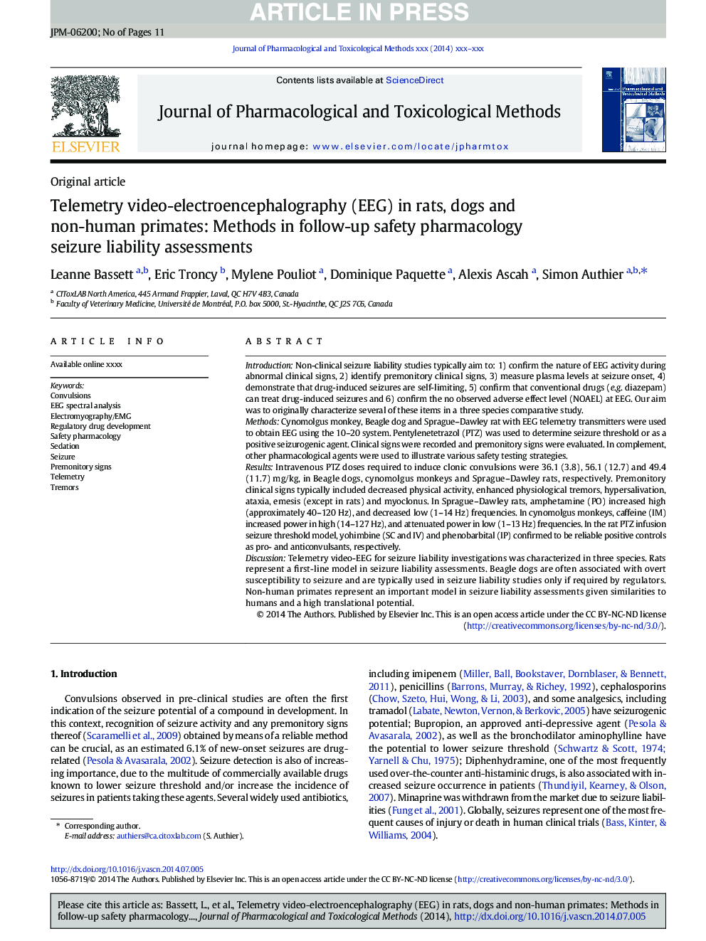 Telemetry video-electroencephalography (EEG) in rats, dogs and non-human primates: Methods in follow-up safety pharmacology seizure liability assessments