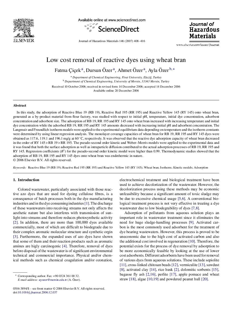 Low cost removal of reactive dyes using wheat bran