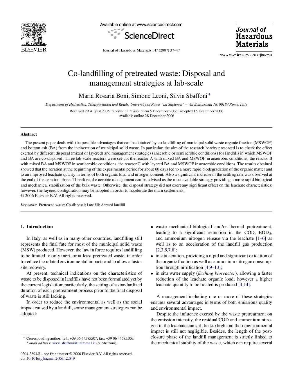 Co-landfilling of pretreated waste: Disposal and management strategies at lab-scale