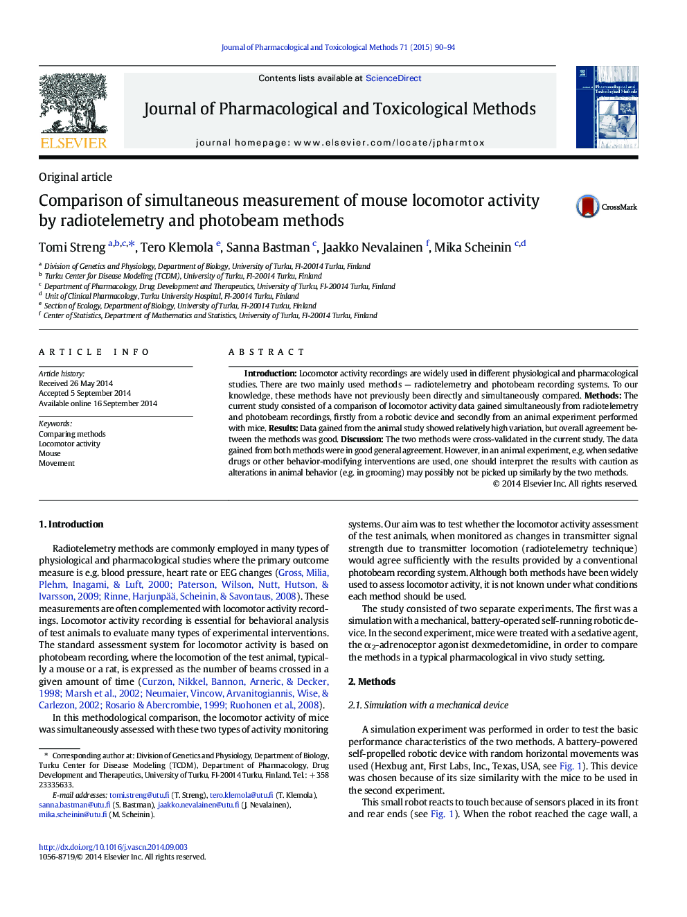 Comparison of simultaneous measurement of mouse locomotor activity by radiotelemetry and photobeam methods