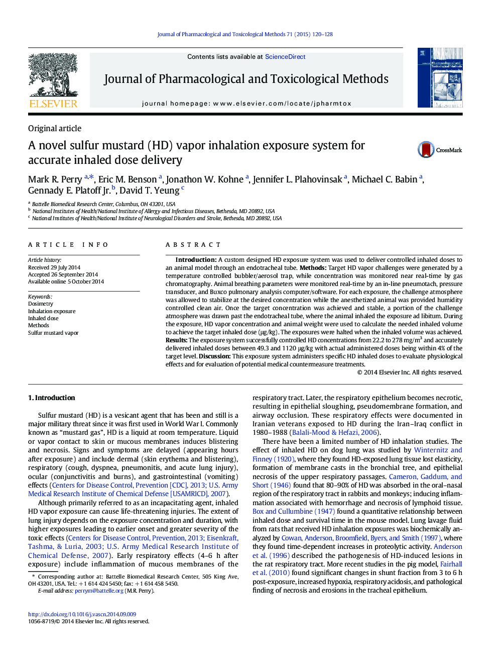 A novel sulfur mustard (HD) vapor inhalation exposure system for accurate inhaled dose delivery