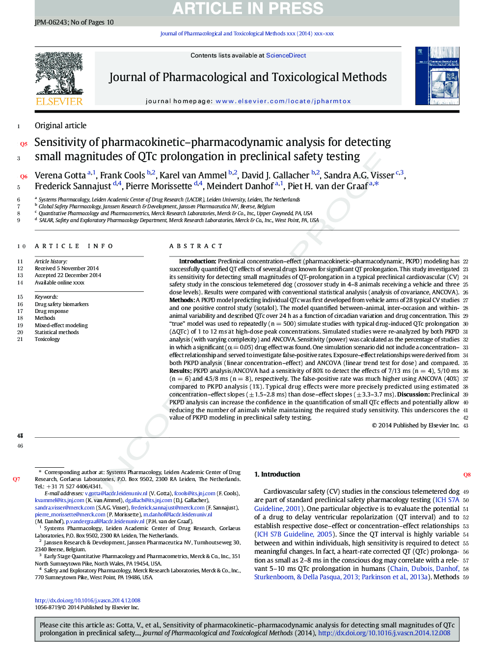 Sensitivity of pharmacokinetic-pharmacodynamic analysis for detecting small magnitudes of QTc prolongation in preclinical safety testing