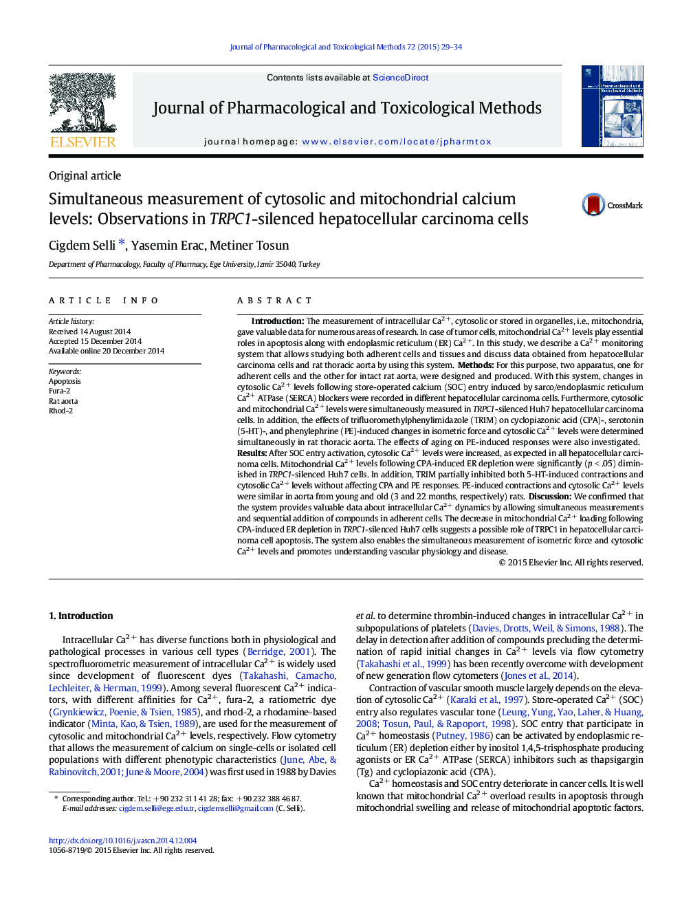 Simultaneous measurement of cytosolic and mitochondrial calcium levels: Observations in TRPC1-silenced hepatocellular carcinoma cells
