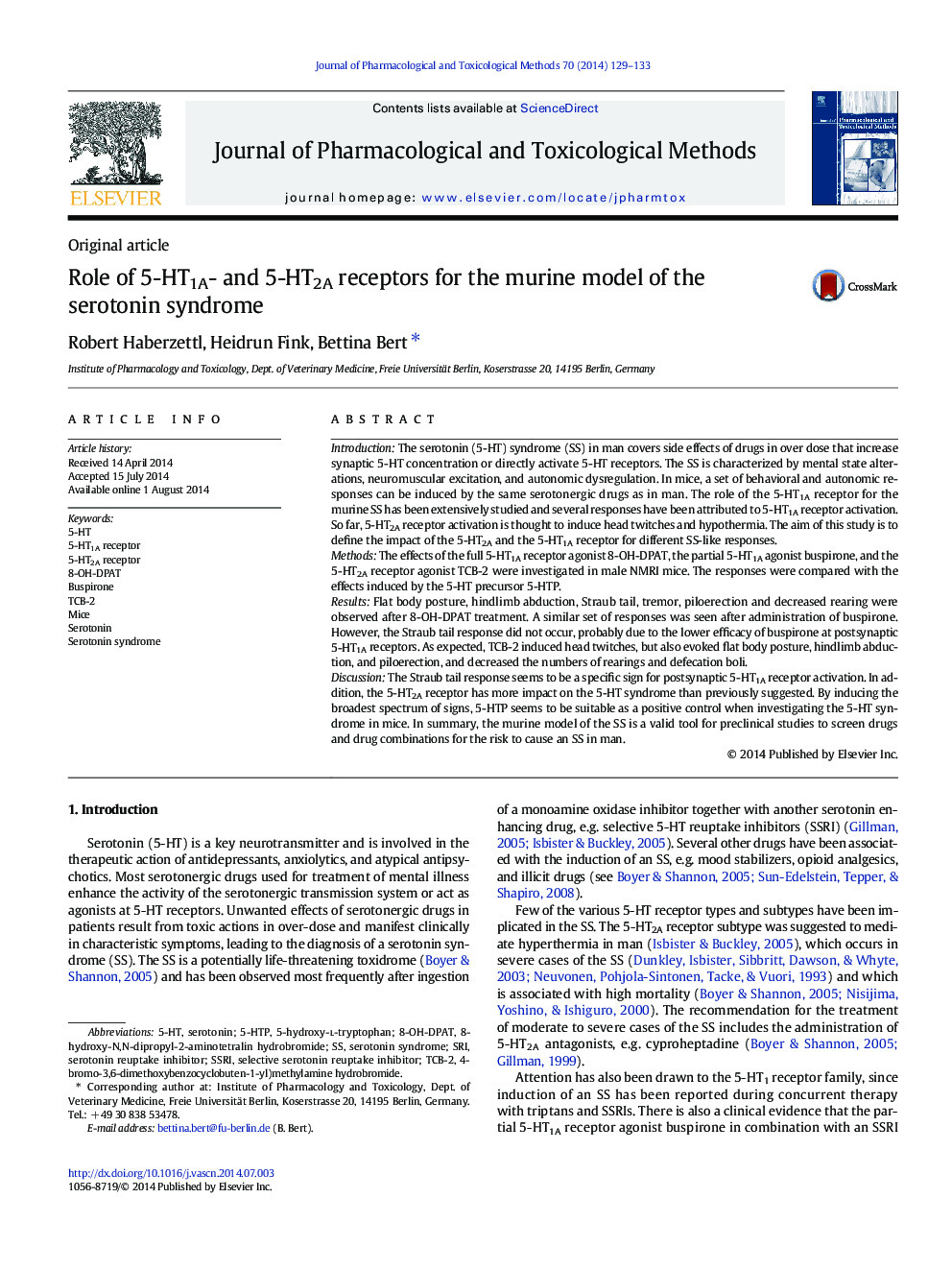 Role of 5-HT1A- and 5-HT2A receptors for the murine model of the serotonin syndrome