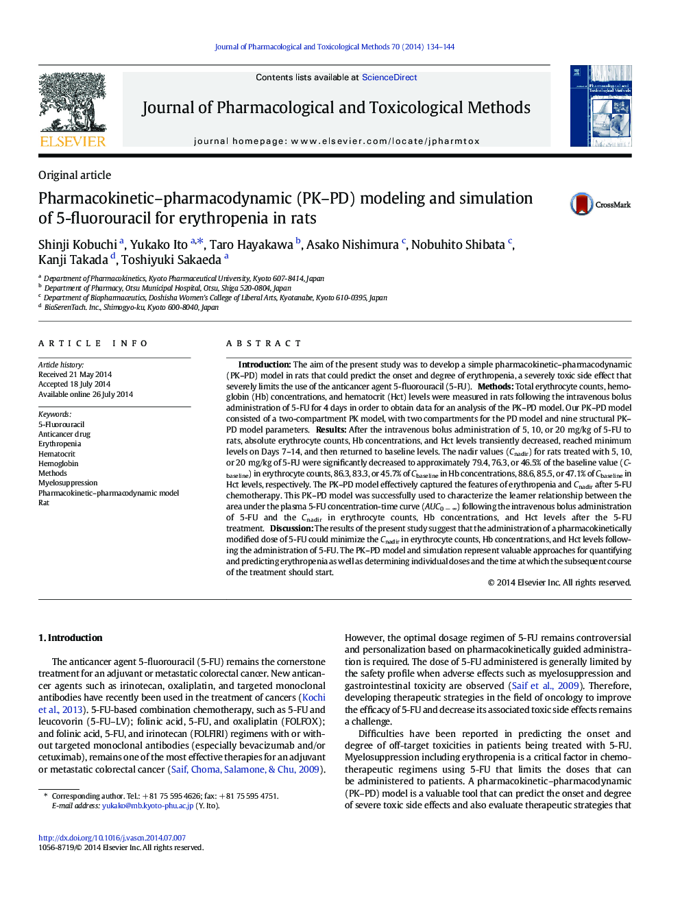 Original articlePharmacokinetic-pharmacodynamic (PK-PD) modeling and simulation of 5-fluorouracil for erythropenia in rats