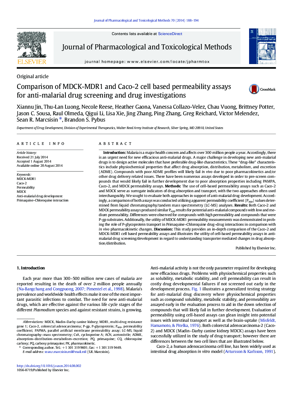Comparison of MDCK-MDR1 and Caco-2 cell based permeability assays for anti-malarial drug screening and drug investigations