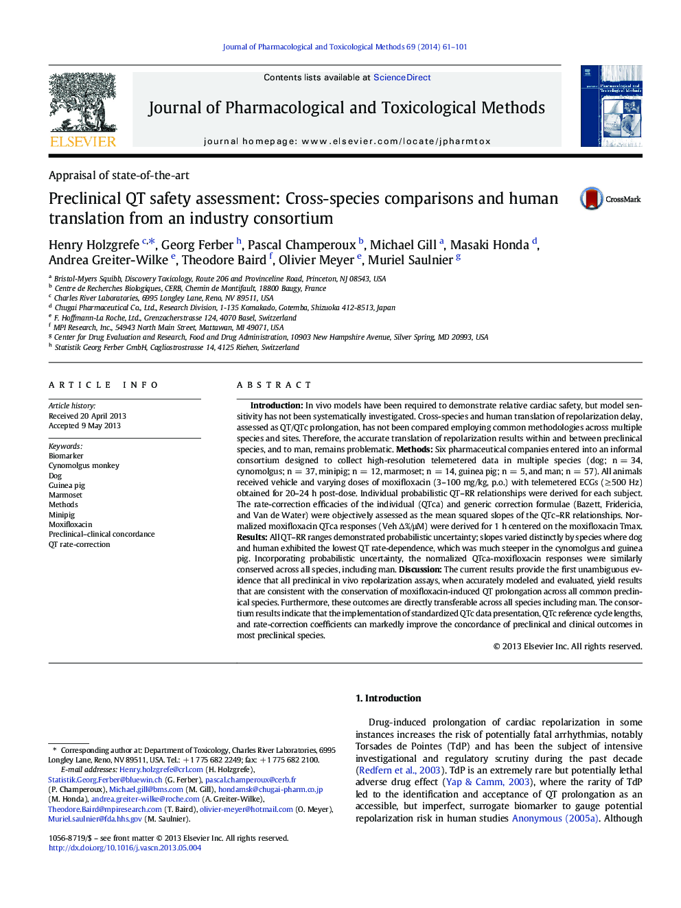 Appraisal of state-of-the-artPreclinical QT safety assessment: Cross-species comparisons and human translation from an industry consortium